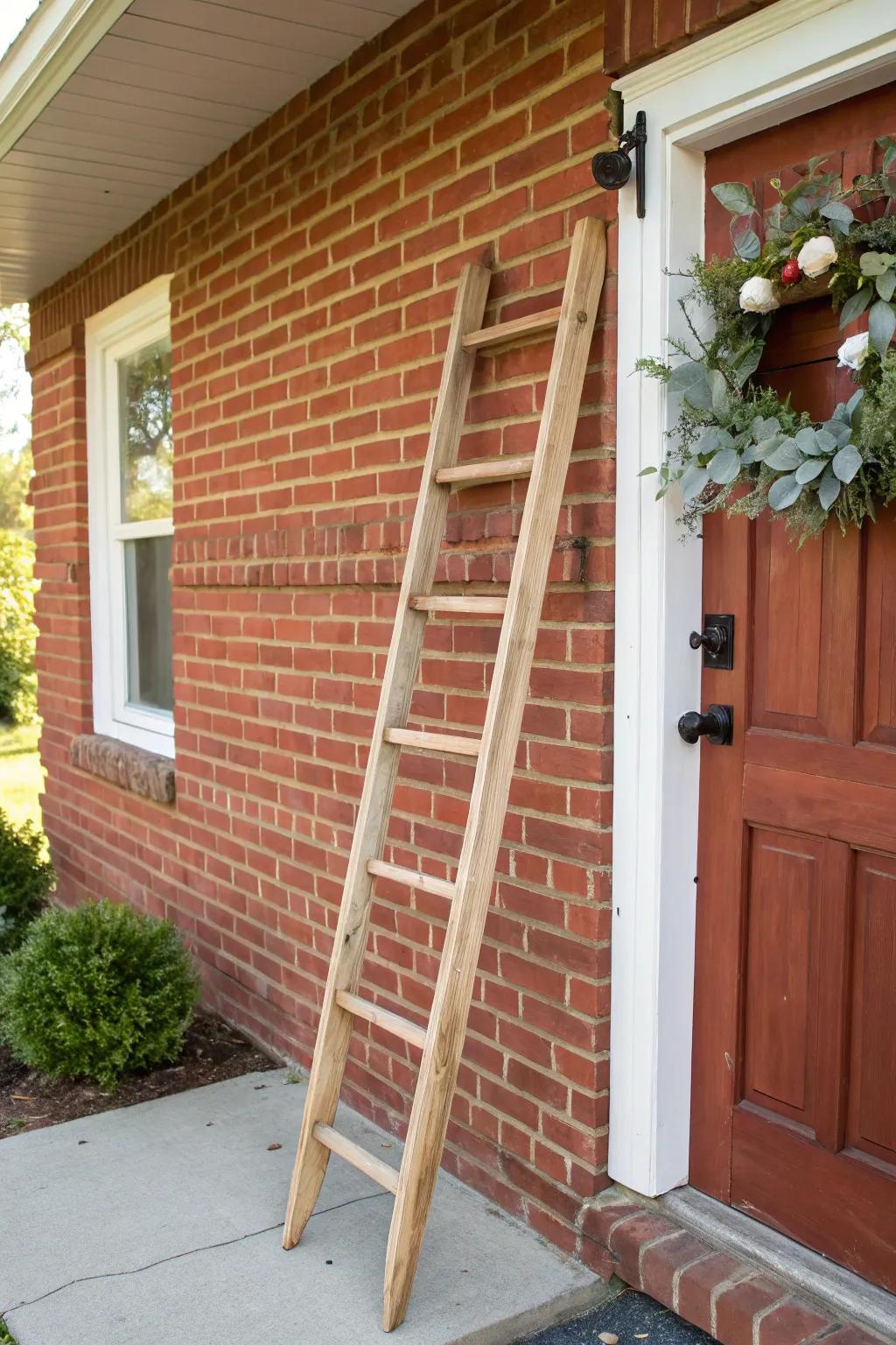 A skinny porch ladder adds height and charm on brick—no drilling, just effortless styling.