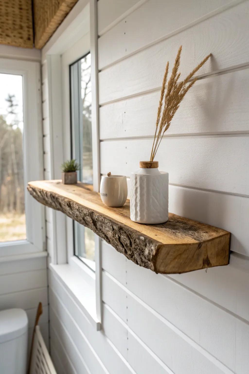A live-edge wood shelf adds instant cabin charm—minimal effort, major wow factor.