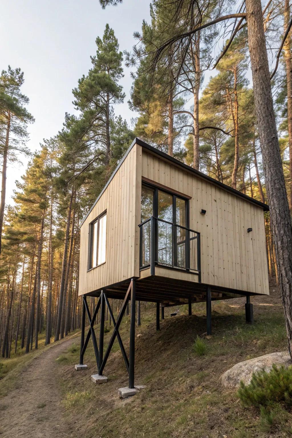 Treehouse-style cabin on stilts: tiny footprint, airy storage below, and wide-open views.