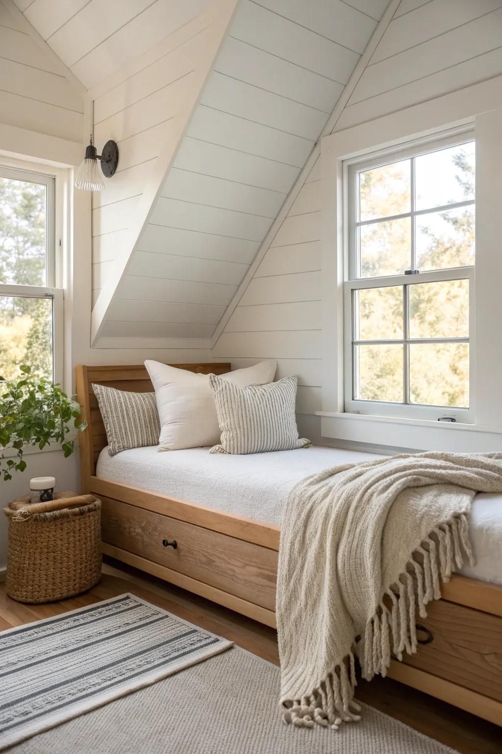 Turn a wide dormer into a custom-feeling daybed nook—cozy lounging without losing floor space.
