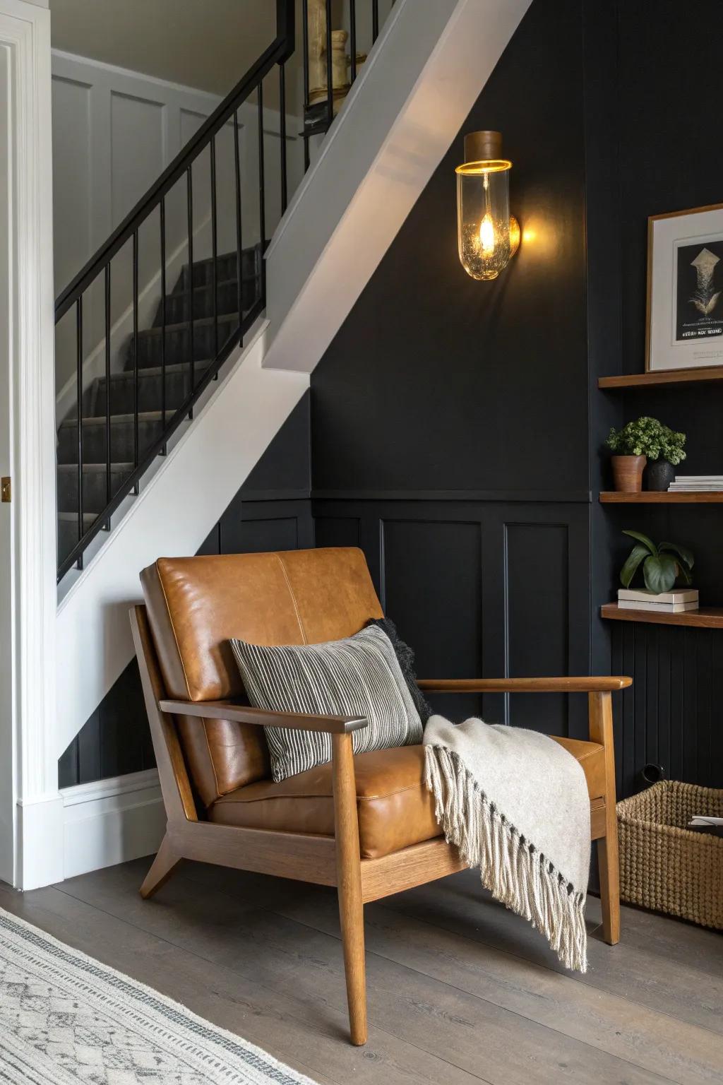 A secret under‑stairs speakeasy nook—one perfect chair, warm light, and a sleek humidor.