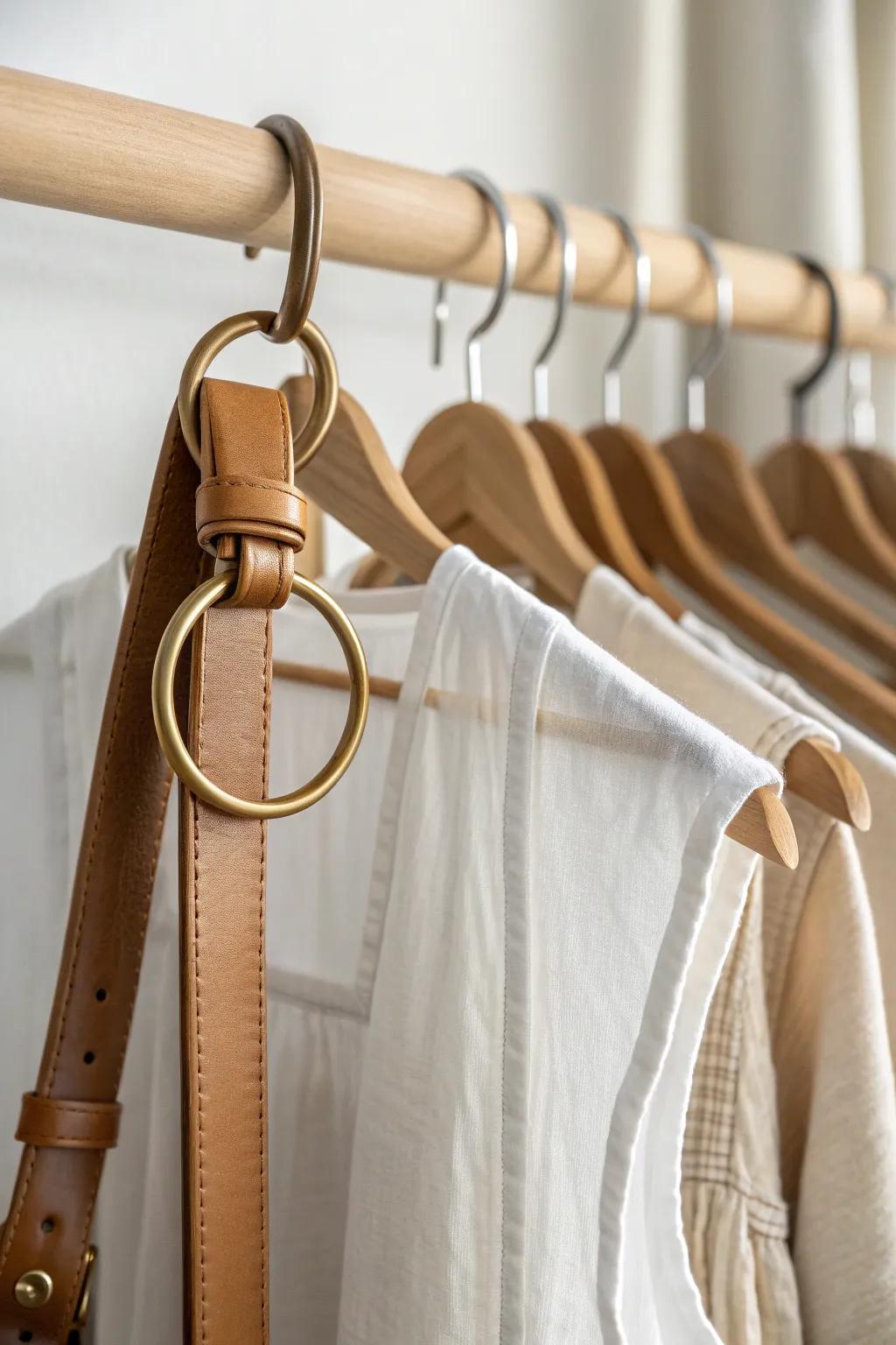 Create an accessory zone: clip belts and tanks to a simple ring on the closet rod.