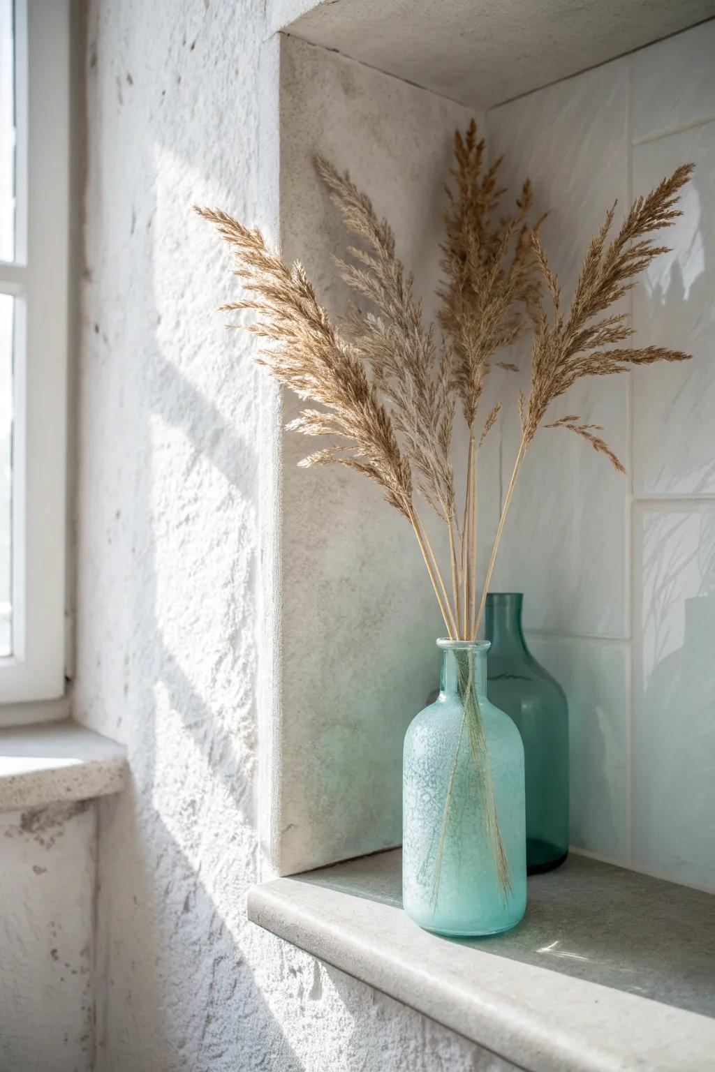 A sea-glass niche moment: one frosted aqua vase for a calm, collected coastal feel.