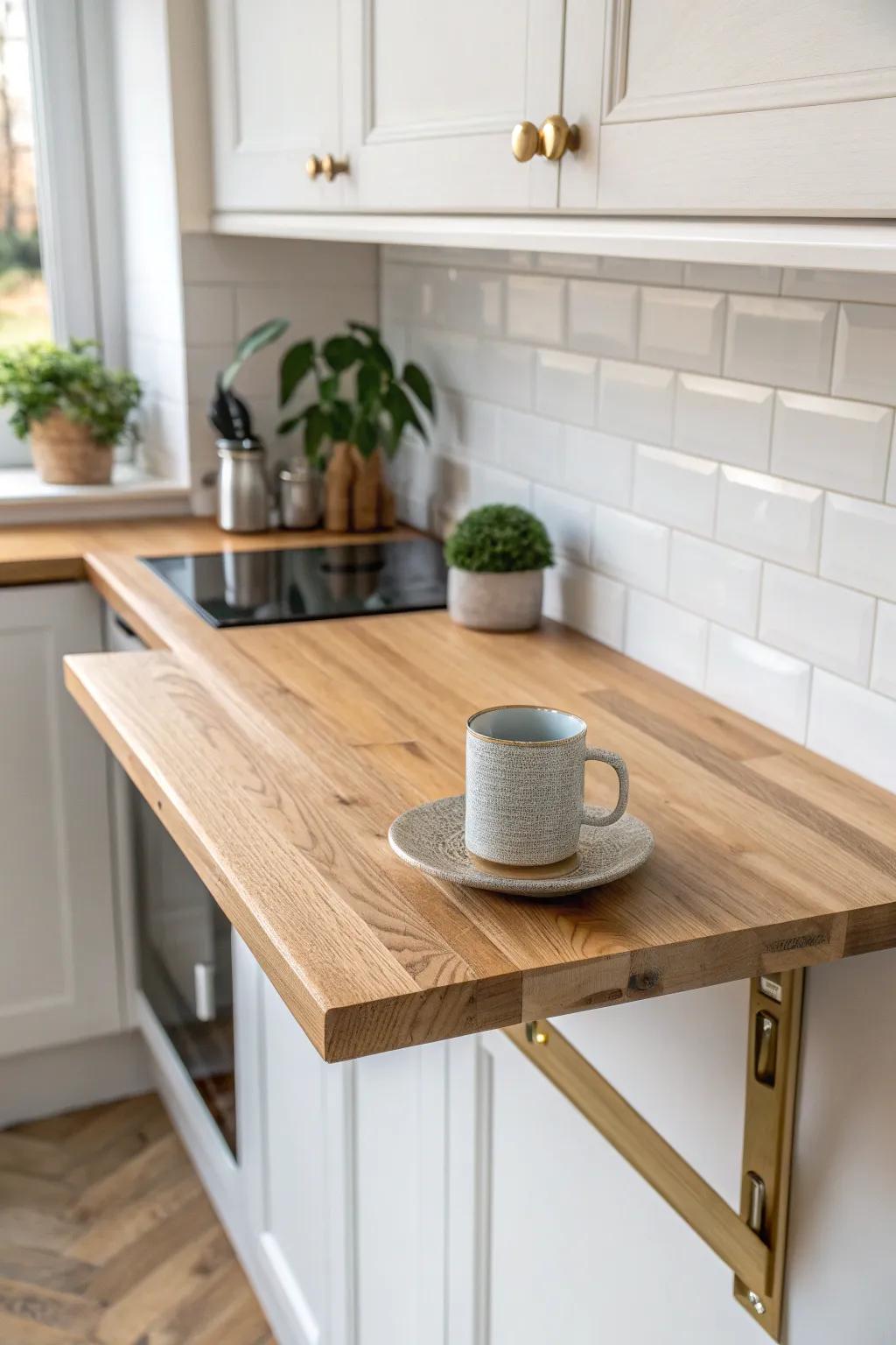 A fold-down ledge creates extra prep space and a sweet dinner-for-two spot—perfect for tiny kitchens.