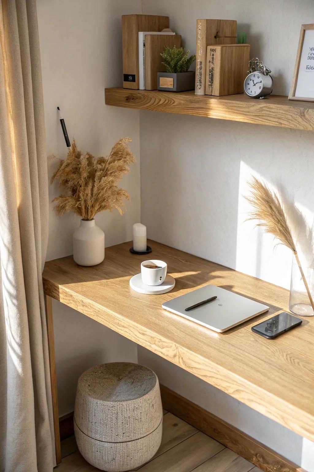 A slim wraparound shelf ledge adds storage to a tiny corner desk without crowding the surface.