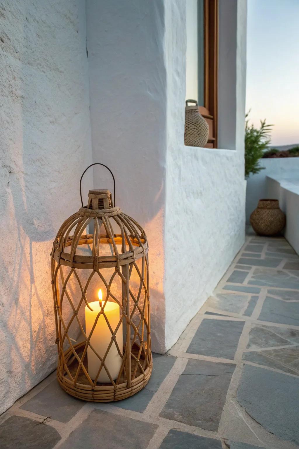Turn a tiny patio corner into a sunset nook with one glowing lantern and warm candlelight.