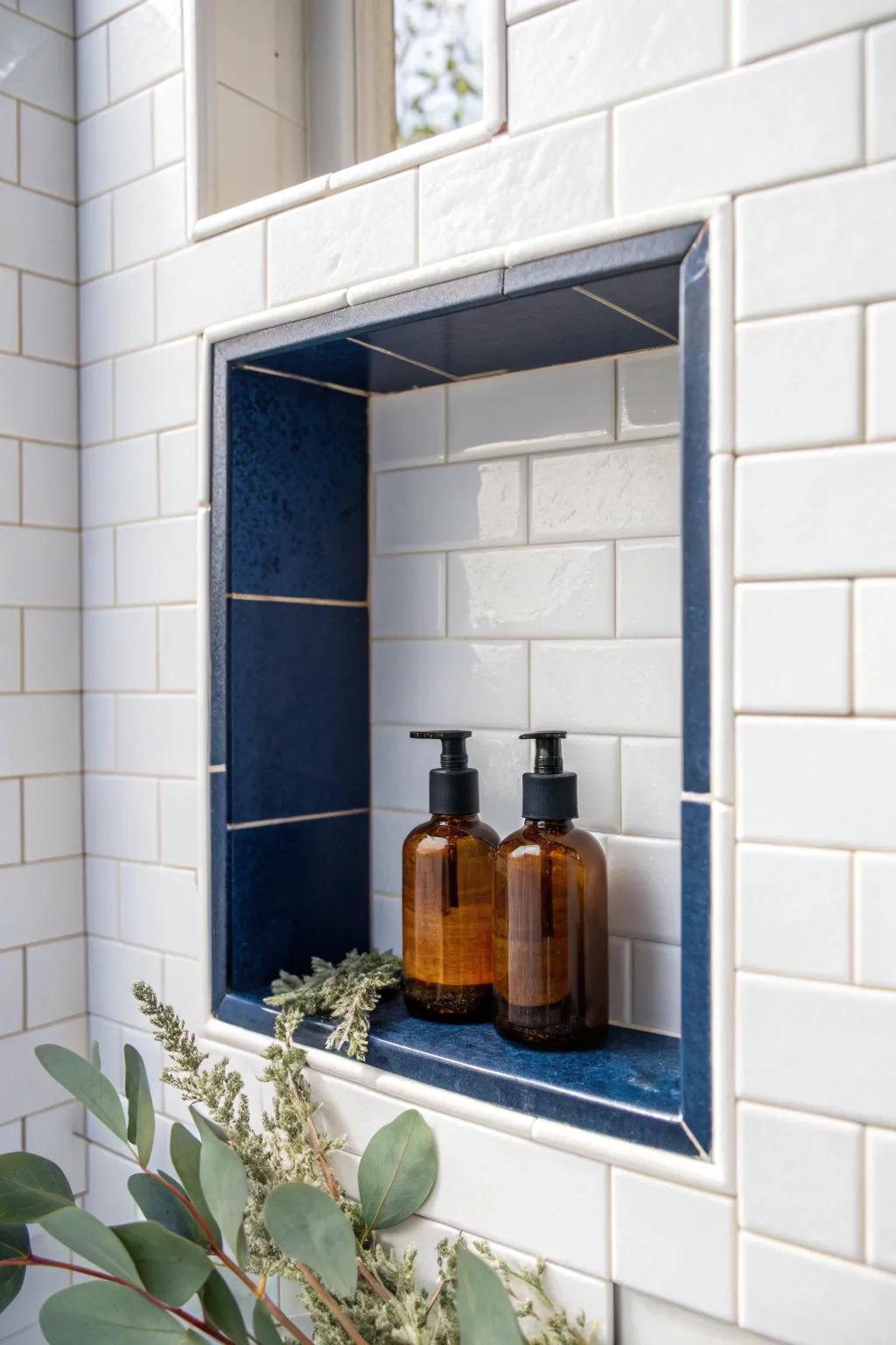 Navy shower niche with a bright trim—small-space polish that turns bottles into decor.