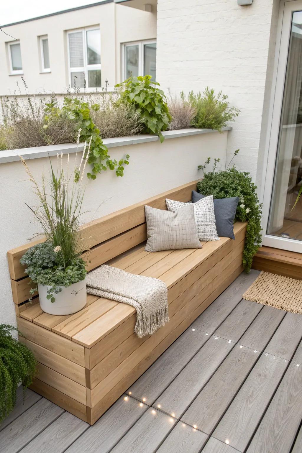 Built-in planter bench: seating + greenery in one sleek, custom piece for the tiniest deck.