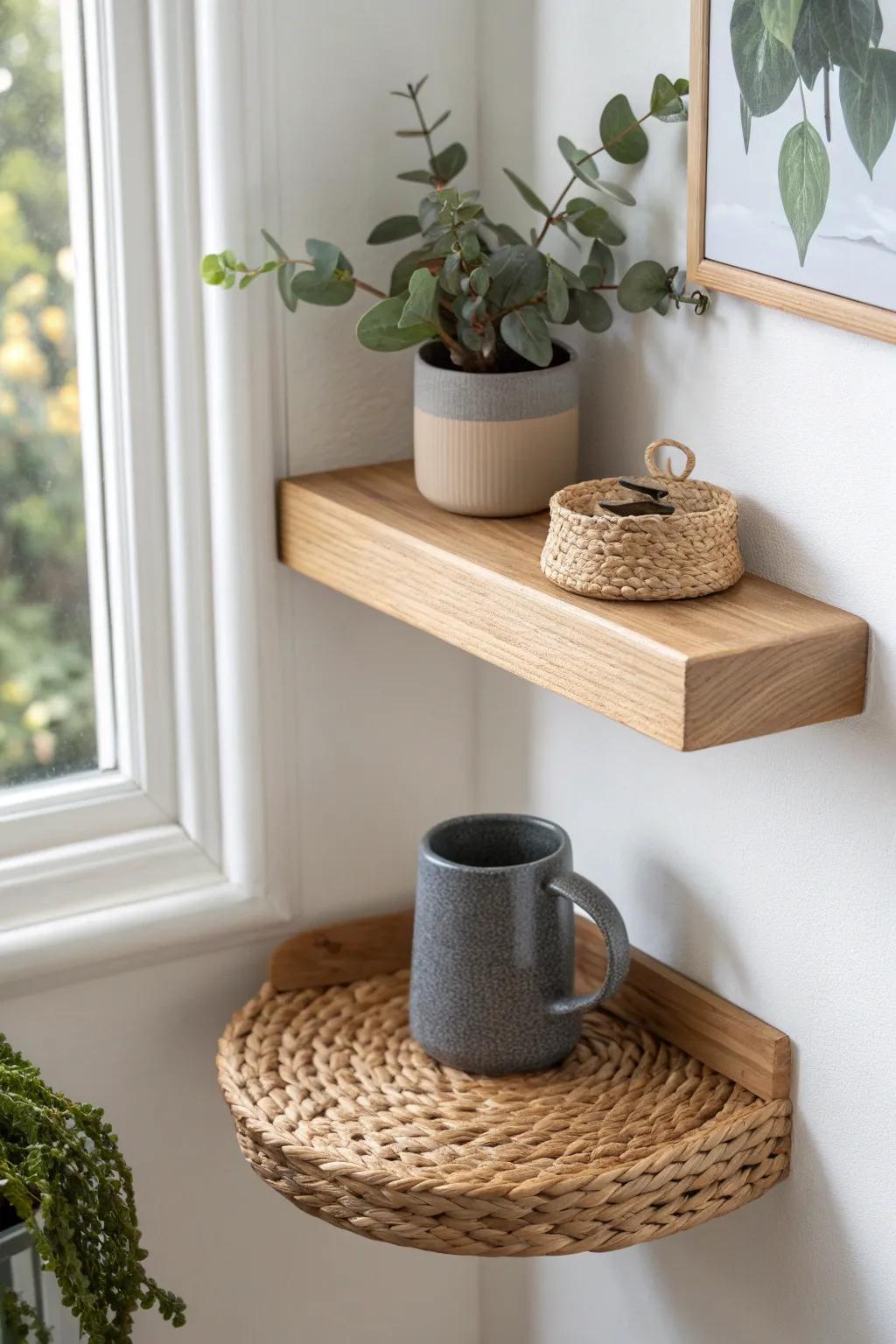 Trade the bulky side table for a floating wall shelf—instant floor space and calm style.