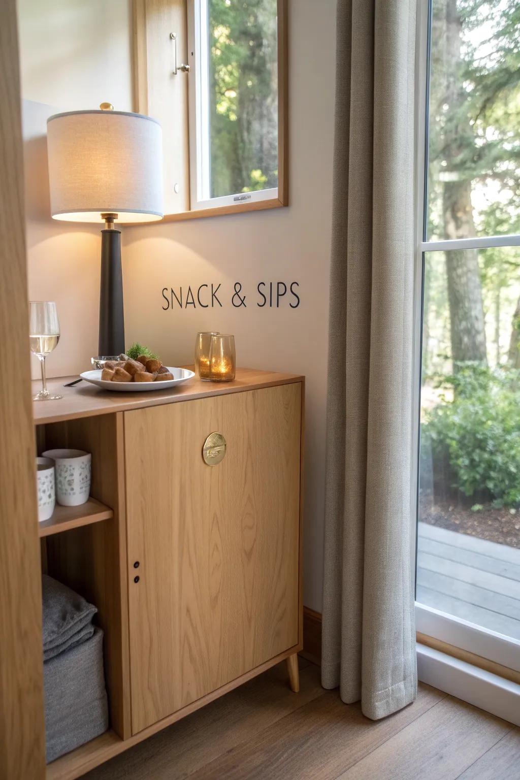 A hidden “snack & sips” nook that makes small-den movie nights feel instantly elevated.