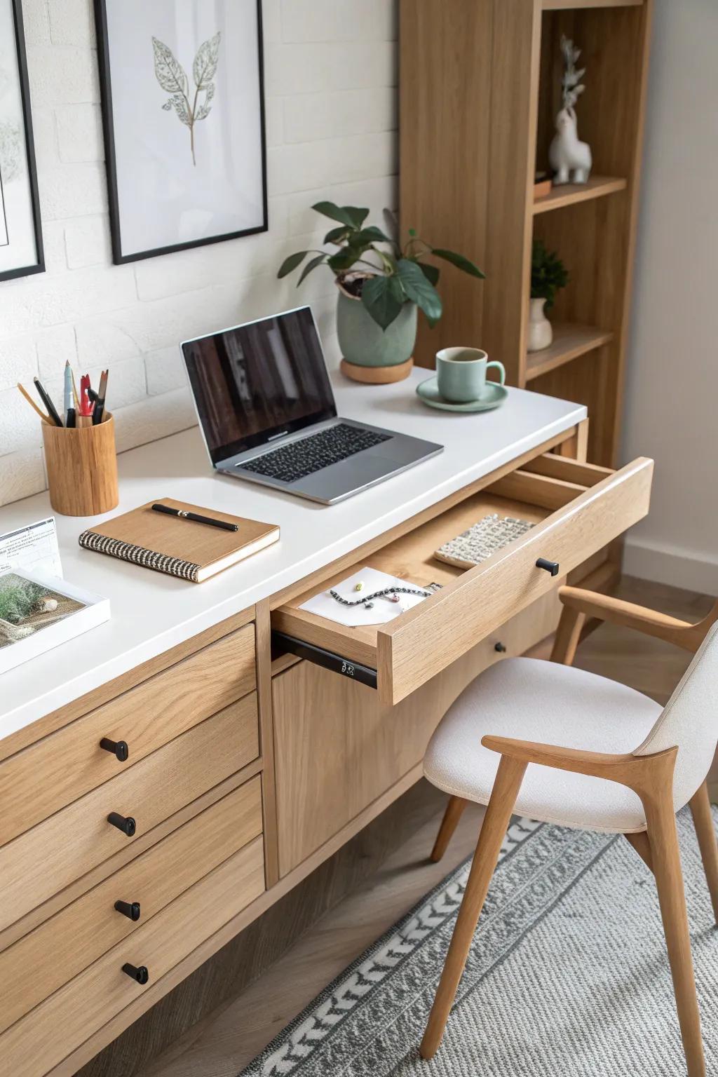 A hidden pull-out drawer desk that disappears in seconds—minimal, warm, and space-smart.