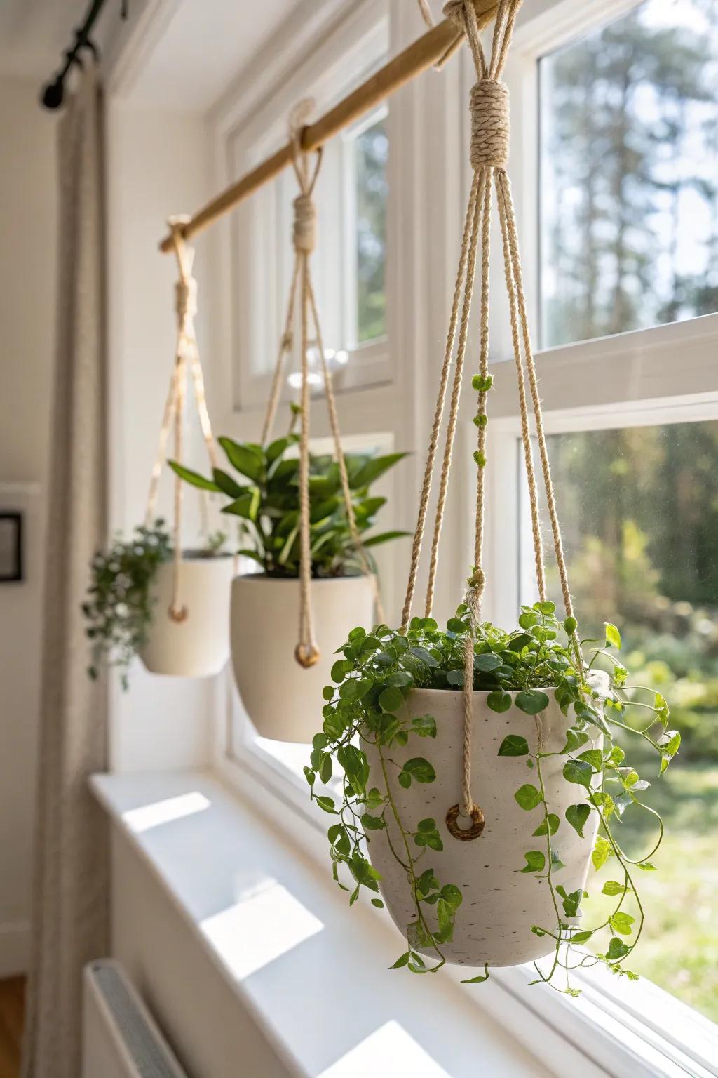 A slim plant rail with trailing greenery adds privacy and charm without blocking light.