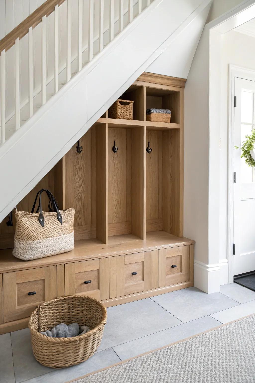 Turn the under-stairs triangle into a chic drop zone cubby with hooks and calm, tidy style.