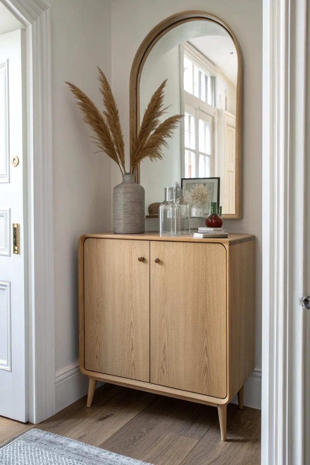 An arched mirror behind a tiny dry bar doubles the glow and makes the nook feel bigger.