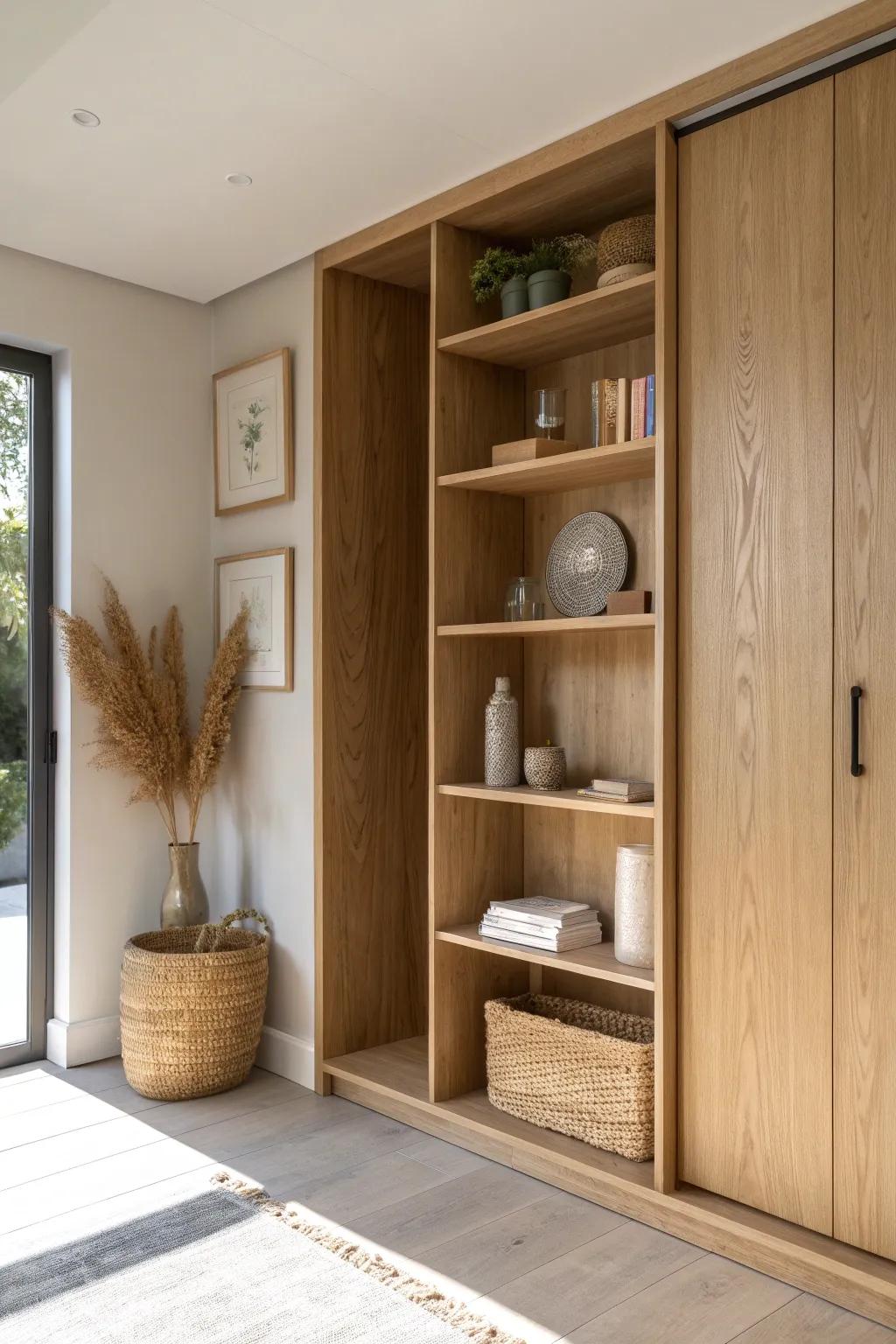 A secret en suite door hidden in built-in shelving—minimal, warm, and brilliantly space-smart.