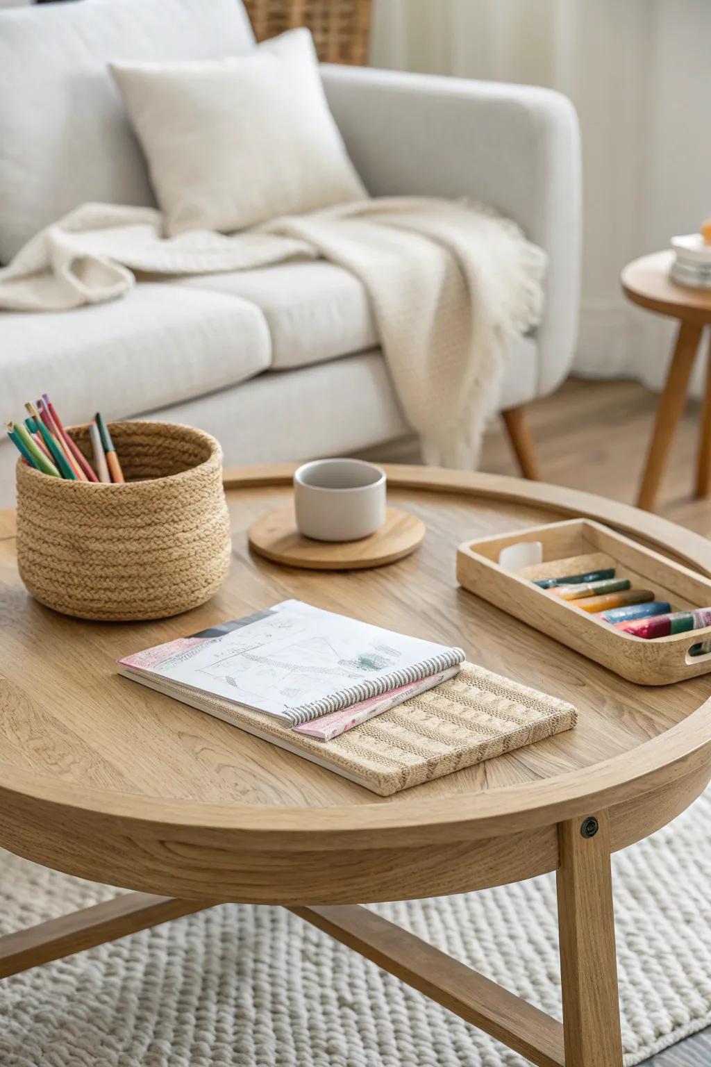 A chic coffee table that flips into a kid-friendly play station—tidy, warm, and minimal.