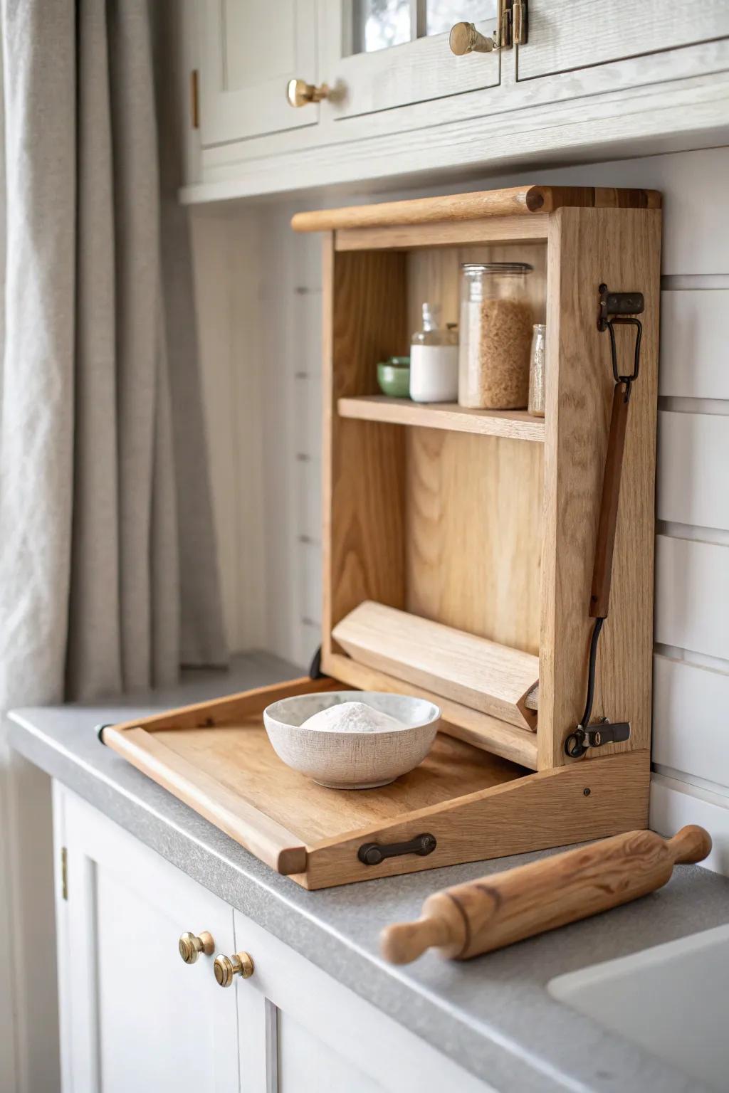 Budget-friendly flip-up baking shelf adds instant counter space in a small farmhouse kitchen.