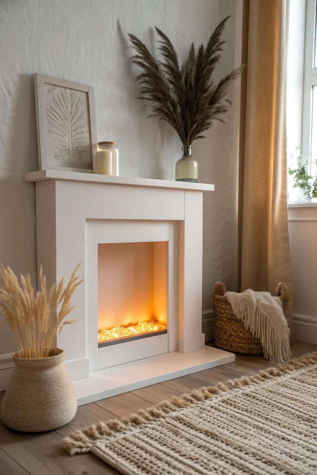 Renter-friendly faux fireplace frame with warm backlight for instant cozy small-space charm.