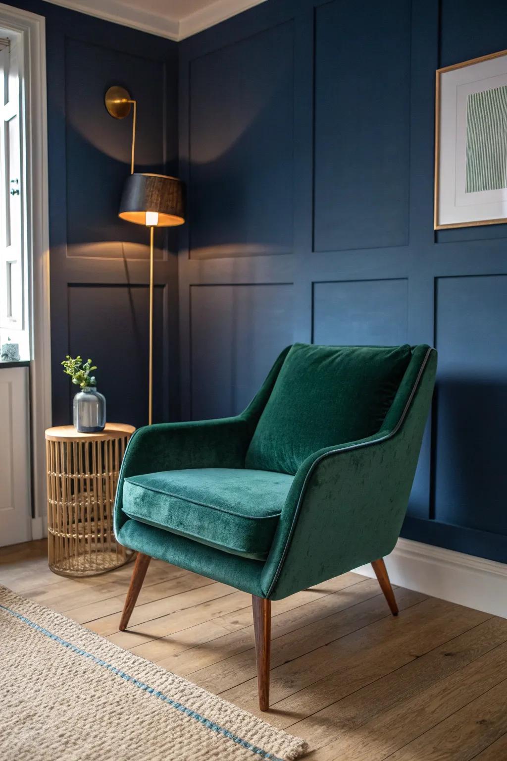 Moody jewel-box walls + one plush velvet chair = small formal room luxury in a tiny footprint.