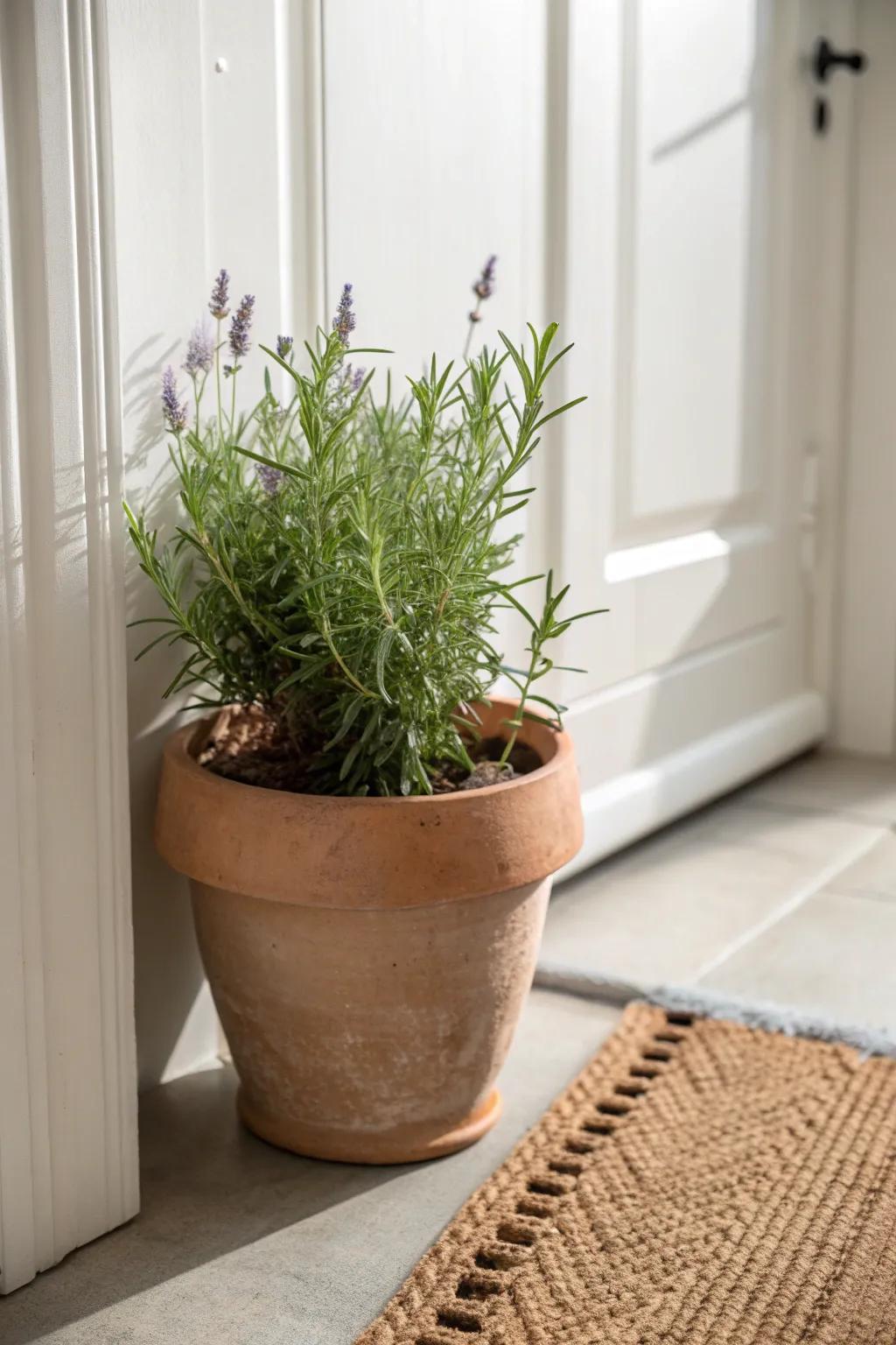 A scented welcome: rosemary and lavender in a terracotta pot by your small front door.