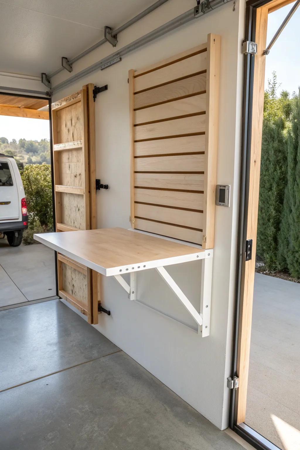 A fold-down wall table adds instant workspace—then folds flat to keep your small garage airy.