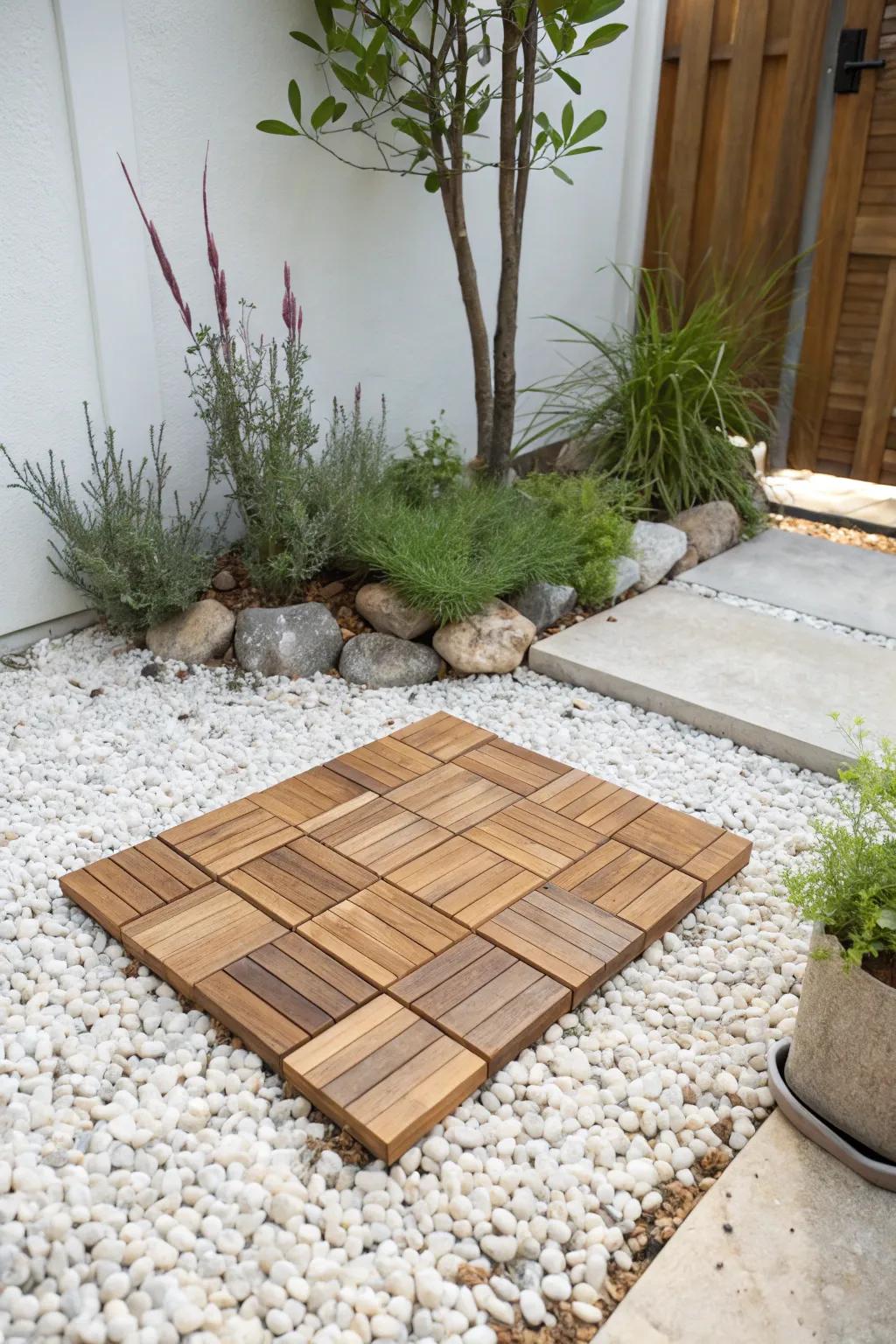 A “floating” deck-tile island that instantly upgrades a small garden—rental-friendly and movable.