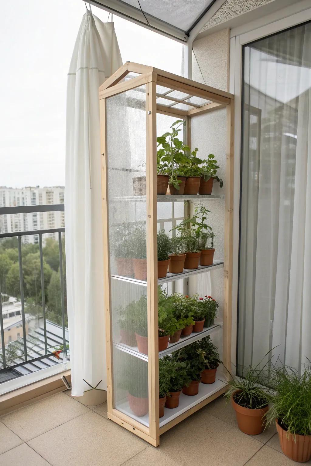 A translucent privacy-screen greenhouse that blocks wind and glows softly on a small balcony.