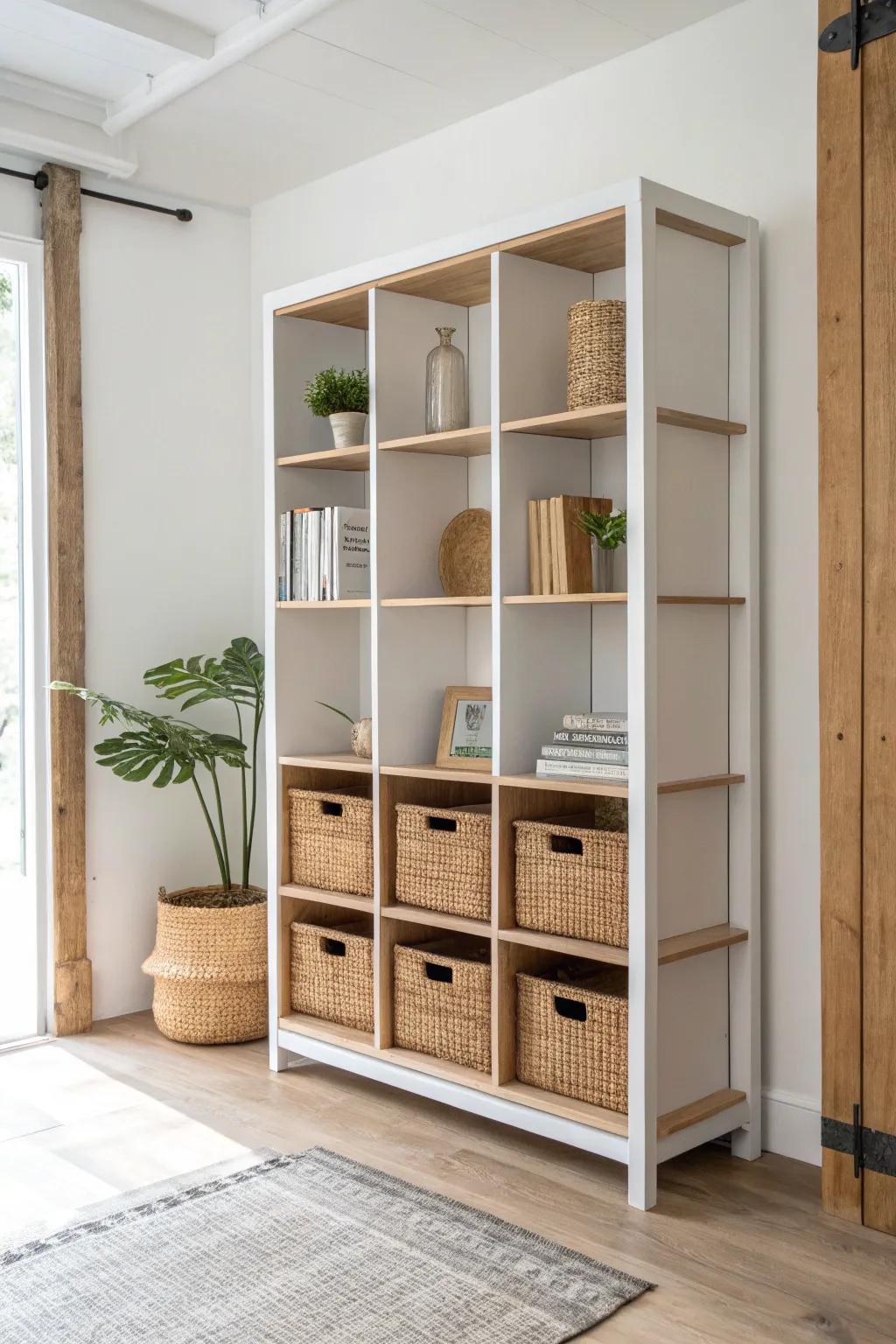 A tall open shelf divides your studio and adds double-sided storage—books and baskets on both sides.