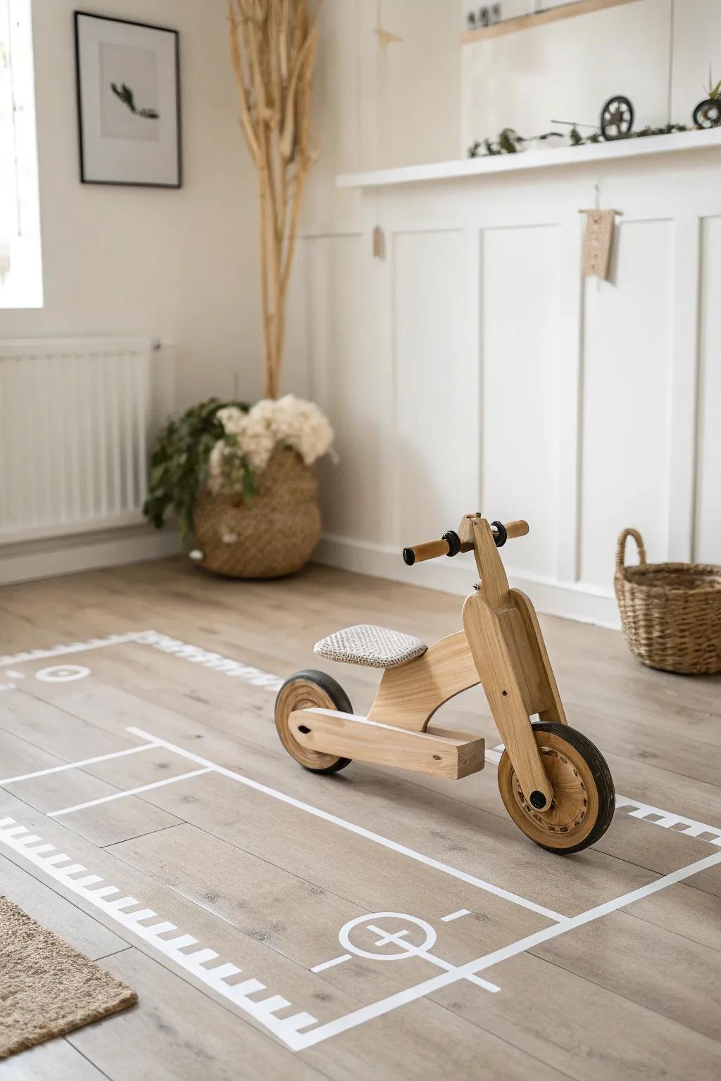 A simple tape “parking spot” turns ride-on toy cleanup into a tidy little game.
