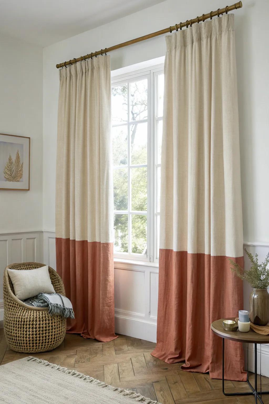 Color-block curtains in ivory + clay draw the eye up, making a small living room feel taller.