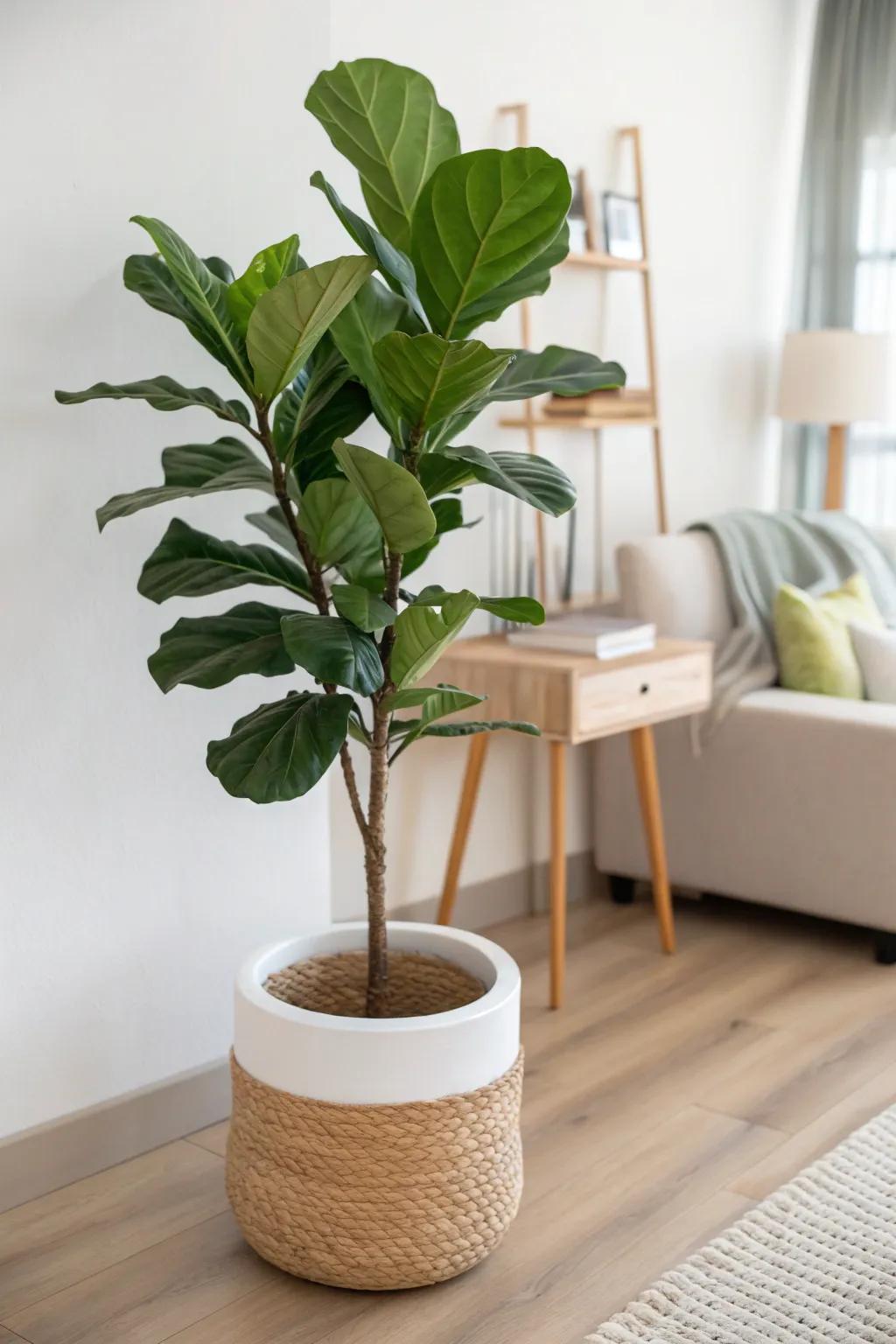 A tall statement plant softly divides desk and sofa, hiding cables and freshening a tiny room.