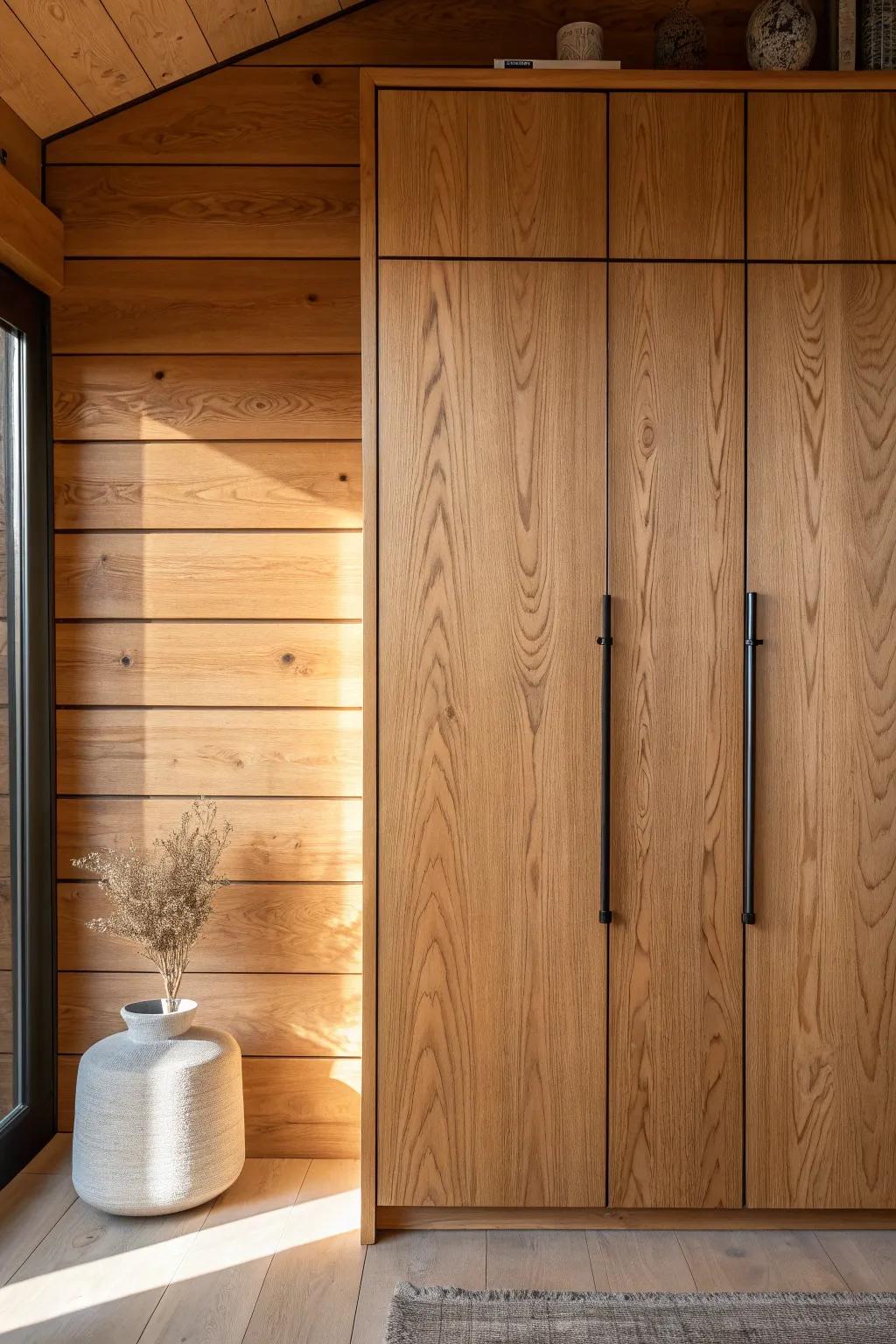 A hidden pantry door that disappears into wood paneling—small cabin kitchen magic.