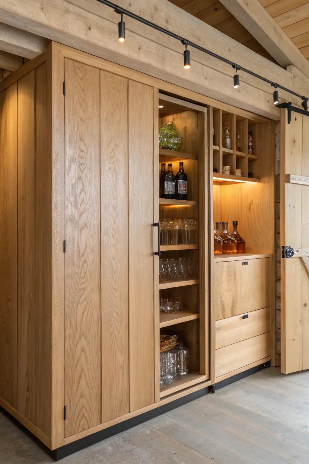 A seamless “speakeasy” wall panel that swings open to hidden bottle storage in a tiny shed.