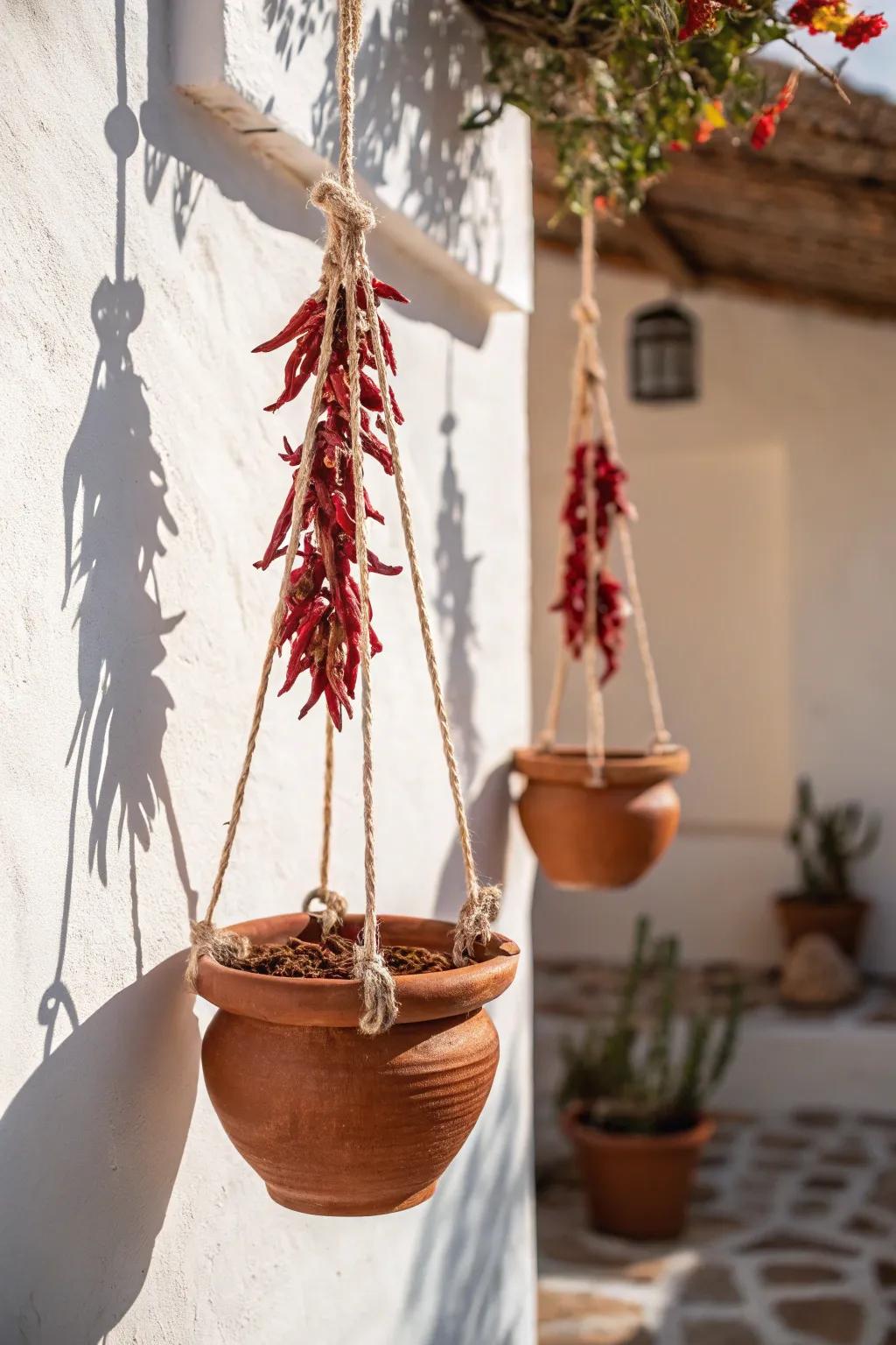 Terracotta + dried chiles: a sculptural ceiling accent that makes a tiny patio feel taller.