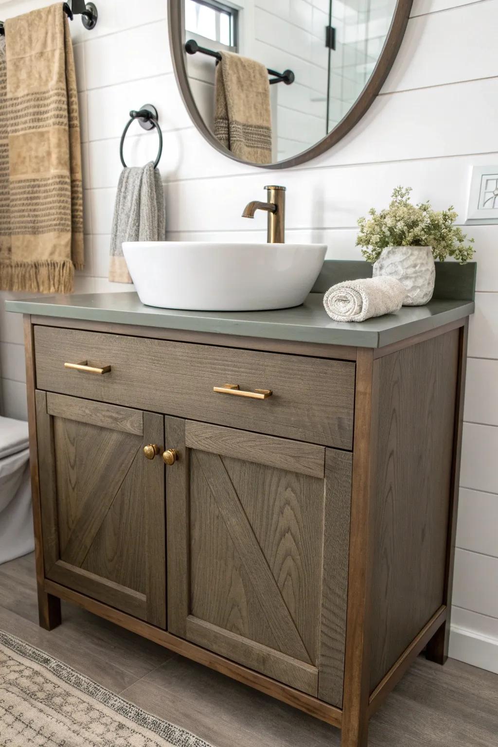 Moody earthy vanity paint brings farmhouse drama while bright walls keep the small bath airy.