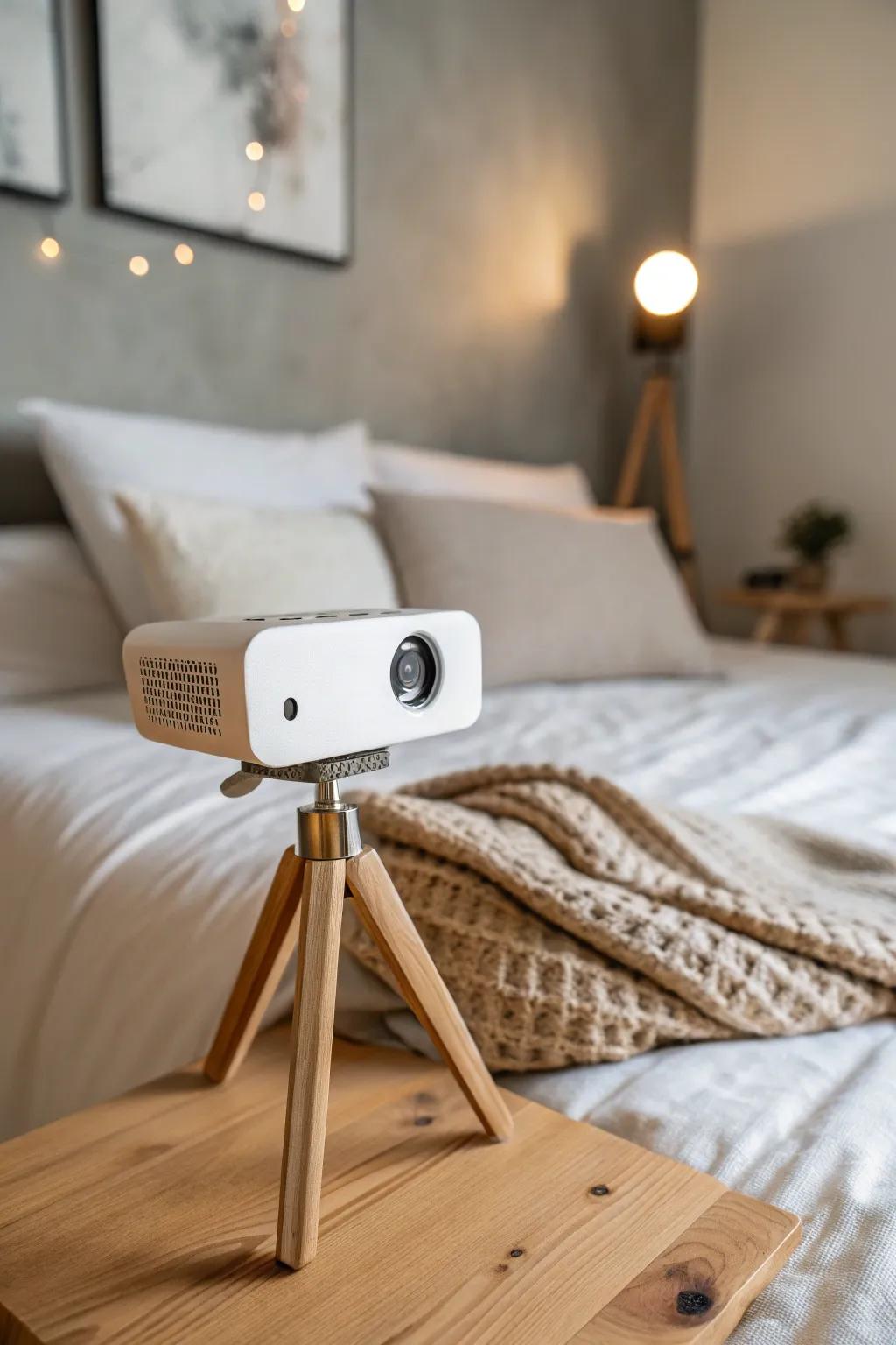 No wall space? Aim a mini projector at the ceiling for cozy, front-row-in-bed movie nights.