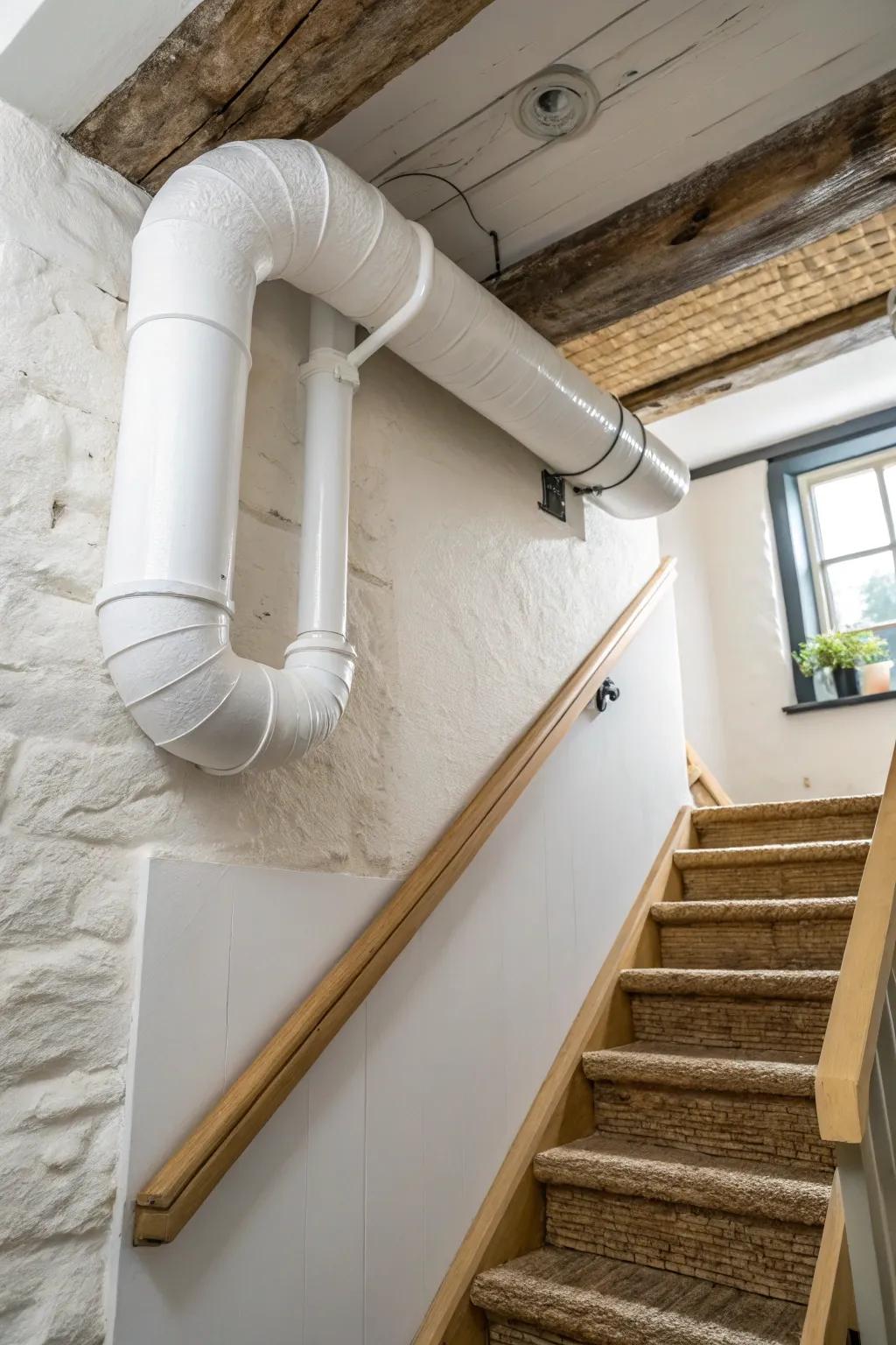 Paint exposed ducts one light tone for a clean, taller-feeling narrow basement ceiling.
