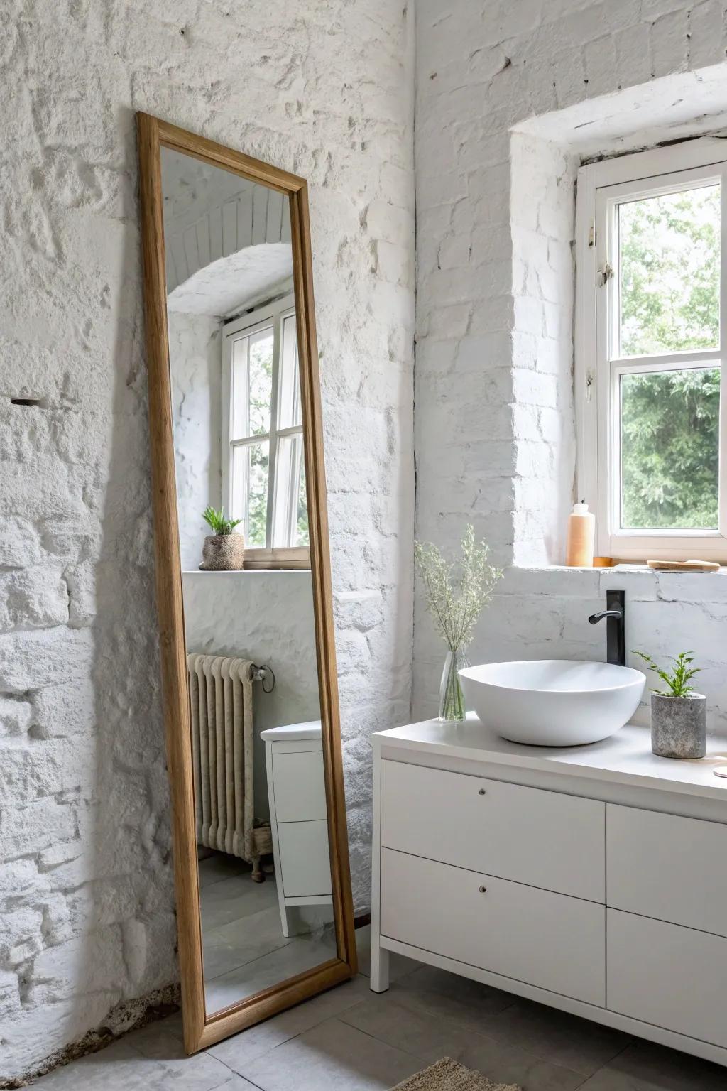 Wall-to-wall mirror magic: the instant wow that makes a tiny office bathroom feel doubled.