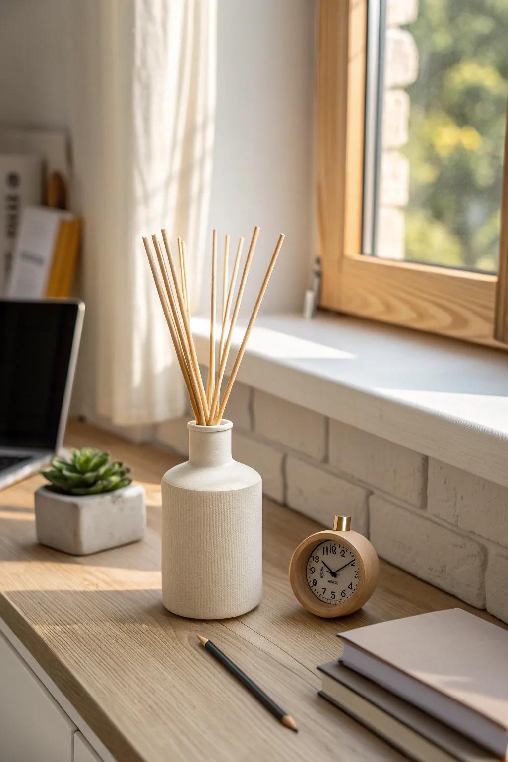 A tiny scent-and-focus shelf: one beautiful reed diffuser to calm your small office corner.