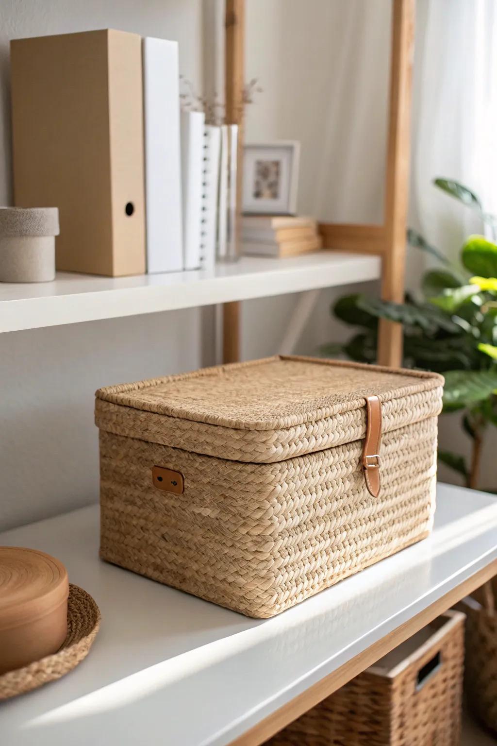 Maximize a closet office: stash rarely used supplies up high in pretty woven storage boxes.