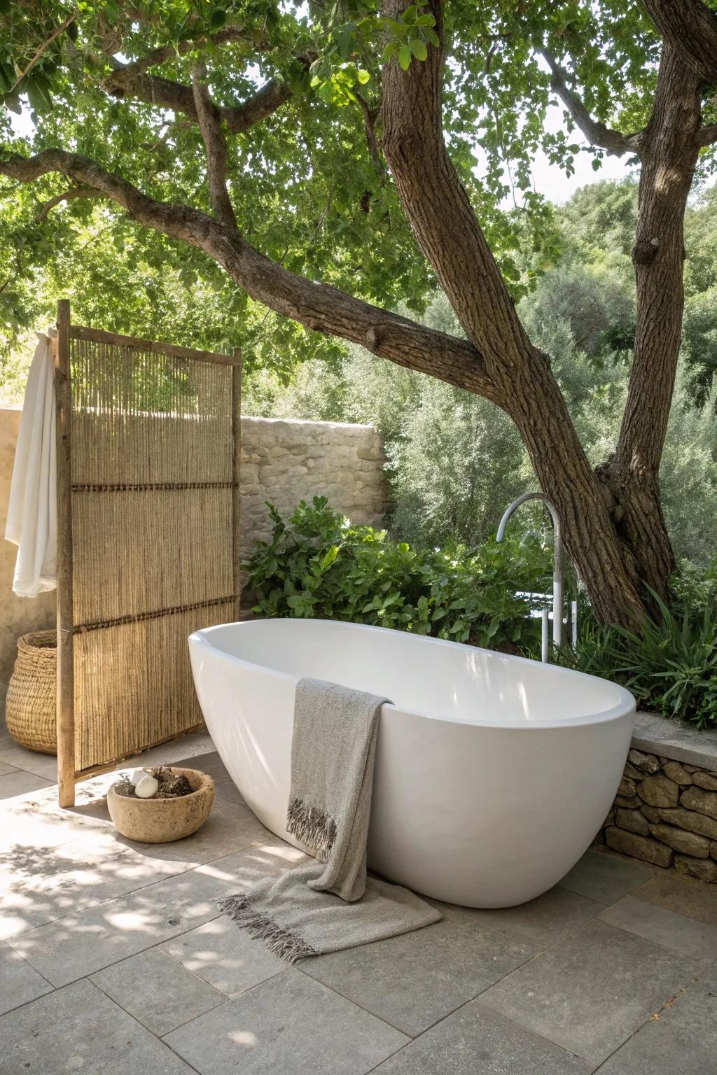 A minimalist outdoor tub under leafy shade—add a woven screen for instant spa privacy.