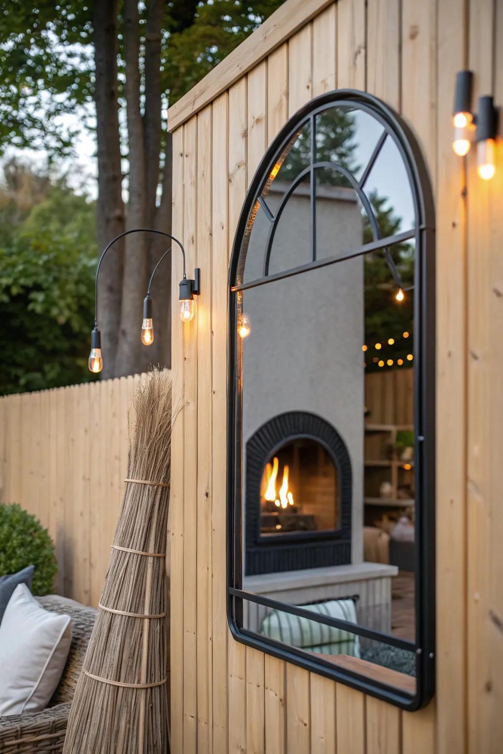 Hang a weatherproof mirror to double the firelight and make a tiny patio corner feel bigger.