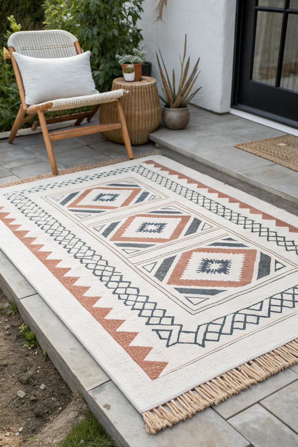 Paint a graphic patio “rug” on the slab—budget-friendly, bold contrast, instant small-space style.