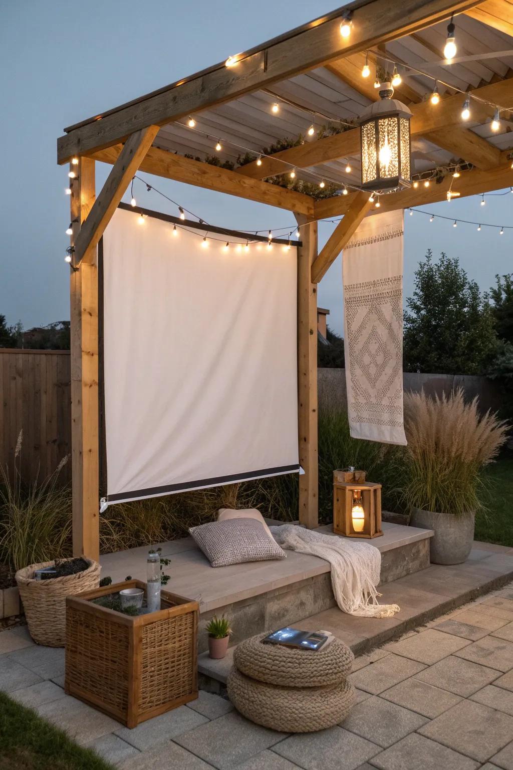 A tiny pergola + drop-down screen turns even the smallest patio into movie night magic.