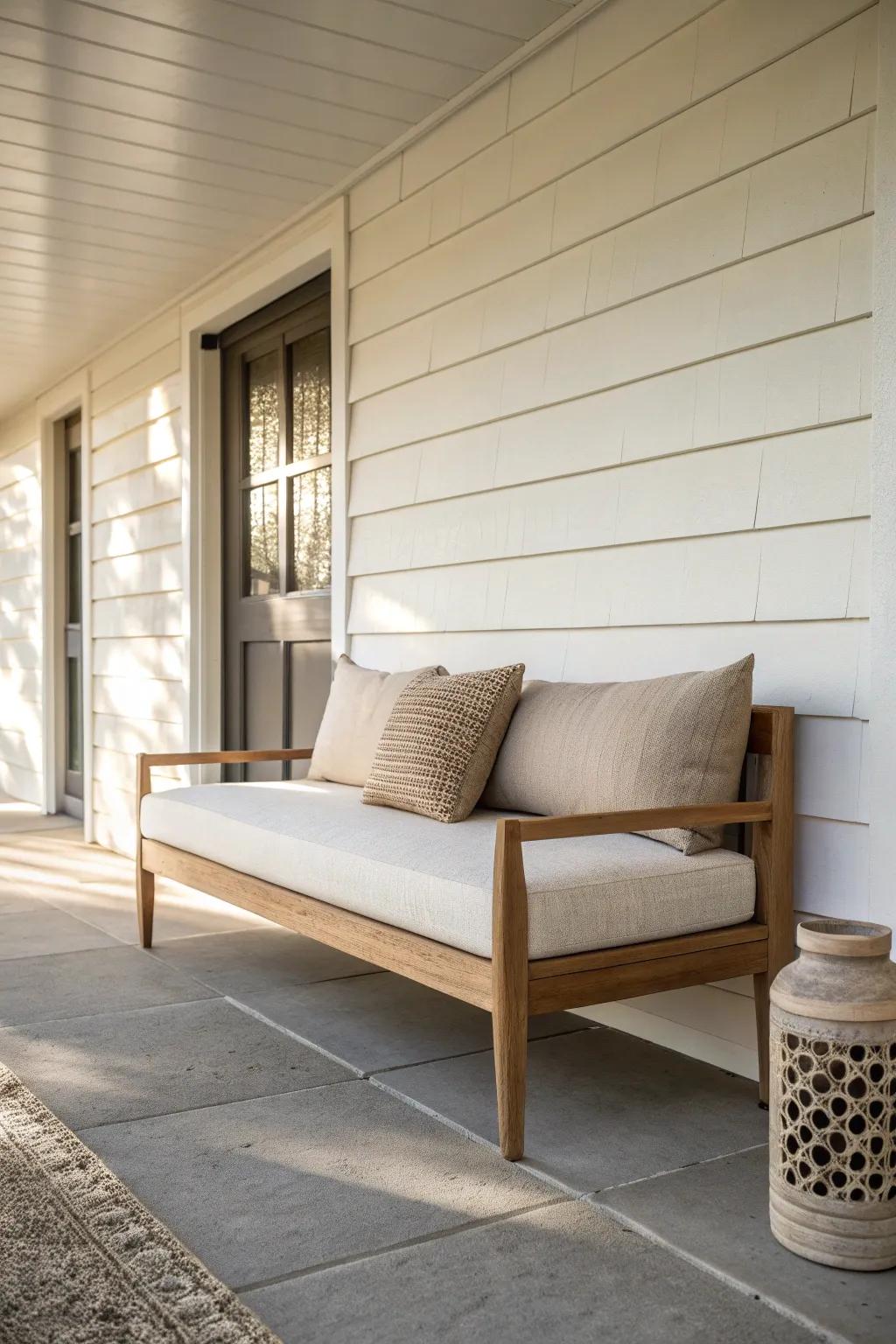 A slim daybed-style bench turns a tiny porch into a lounge-worthy nook—without bulk.