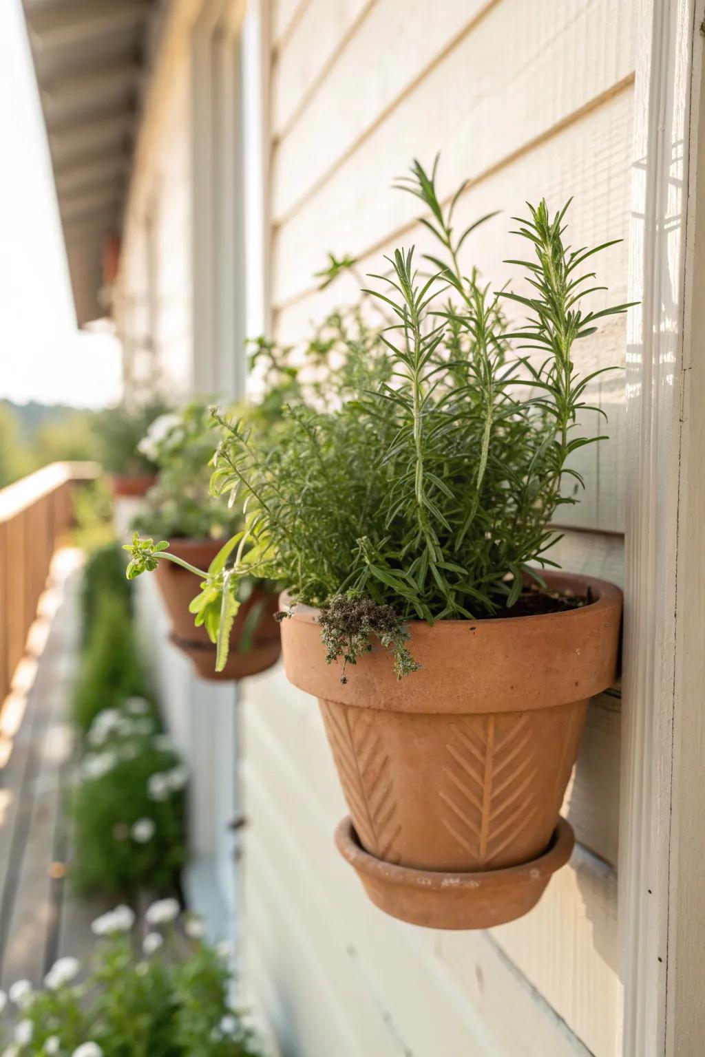 Turn a tiny porch into a fresh herb moment with rosemary + mint in a chic wall pot.