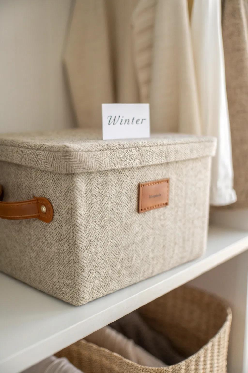 Make your reach-in feel bigger: tuck off-season capsules in a pretty linen box up top.