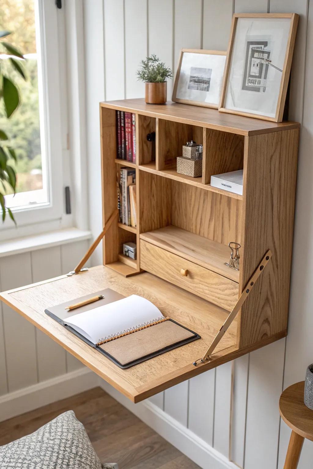 A fold-down wall desk creates a full workspace in minutes—then tucks away to free up space.