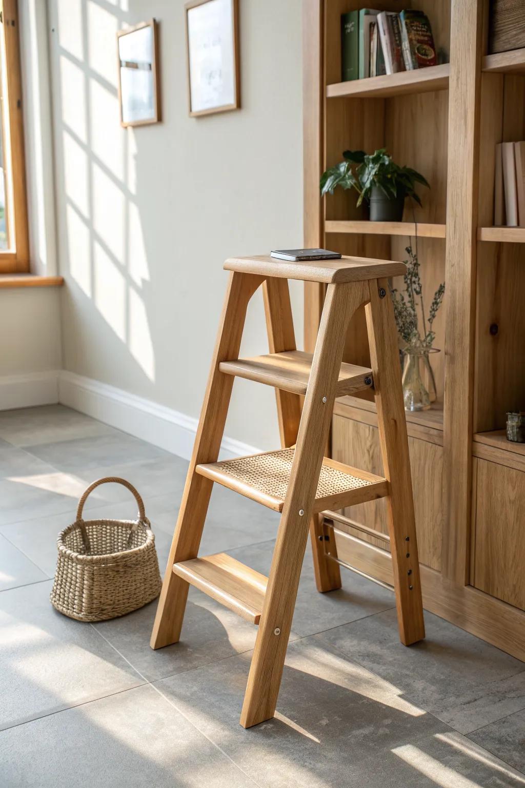 A slim step stool that tucks away—instant mini rolling-ladder vibes for tall shelves.