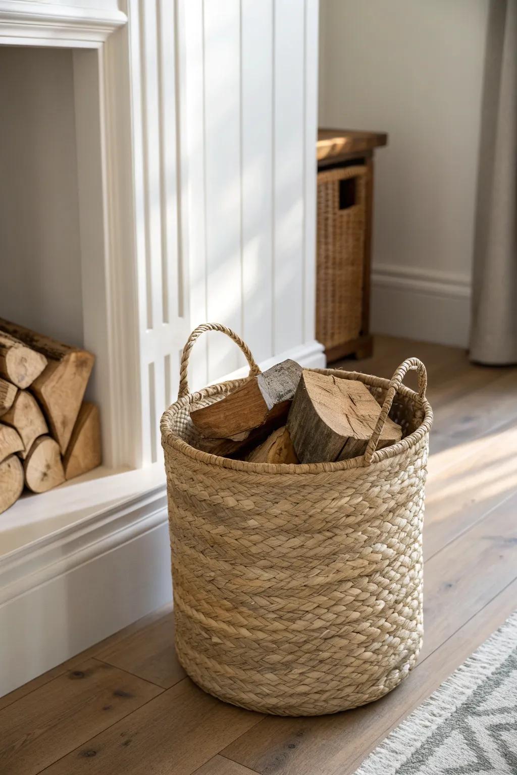 A tidy firewood stack in a woven basket adds rustic charm—without cluttering a small room.
